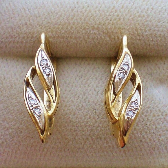 Vintage Original Soviet USSR Solid 18K 750 Yellow White Gold Diamond Earrings - Picture 5 of 7
